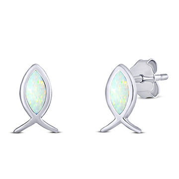 Fish Stud Earring Created White Opal Solid 925 Sterling Silver (8.6mm)